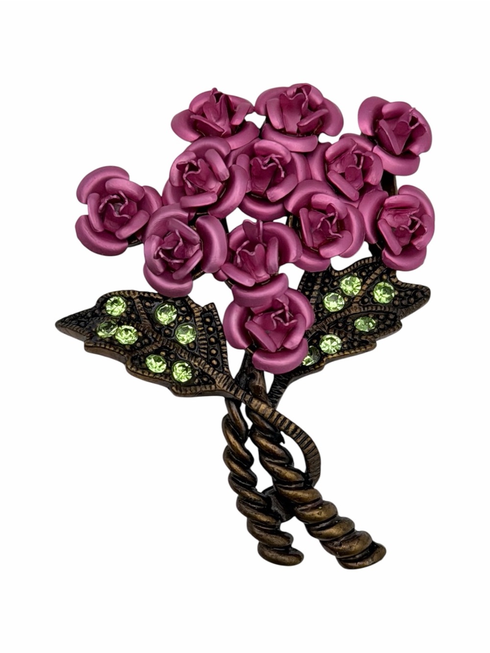 Avon 2003 Pink Rose Bouquet Brooch Green Rhinestone Pin w/ Original Box